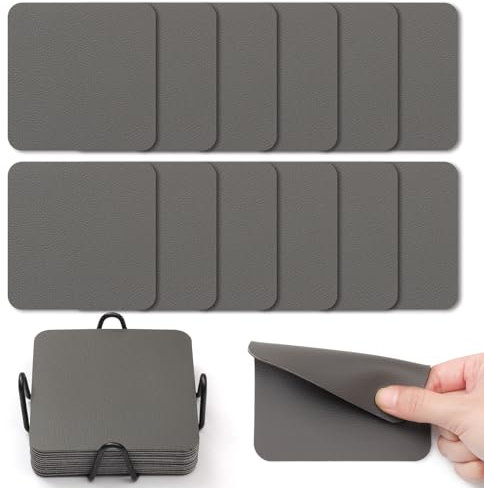 Myir JUN Posavasos Juego de 12 Posavasos 10cm Originales Cuadrados para Copas Posavasos de Cuero de Doble Cara Posavasos Impermeables Termoaislantes y con portavasos(Gris)