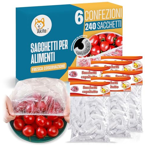 Akitaink 240 Sacchetti Trasparenti per Alimenti con Elastico | Conservazione Fresca e Multius, Sacchetti Coprivivande, Copri Alimenti con Elastico per Mantenere Freschi Cibi Verdure