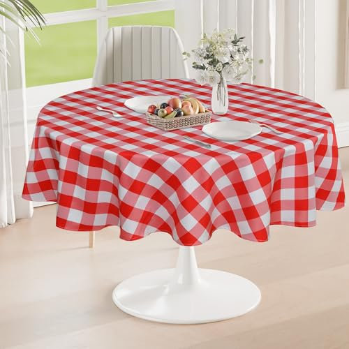 DWCN Nappe Ronde à Carreaux Tissu, 140cm Rond, Lavable Anti-Taches Imperméable pour l'extérieur Pique-Nique Salle à Manger Jardin Fête Mariage, Rouge et Blanc