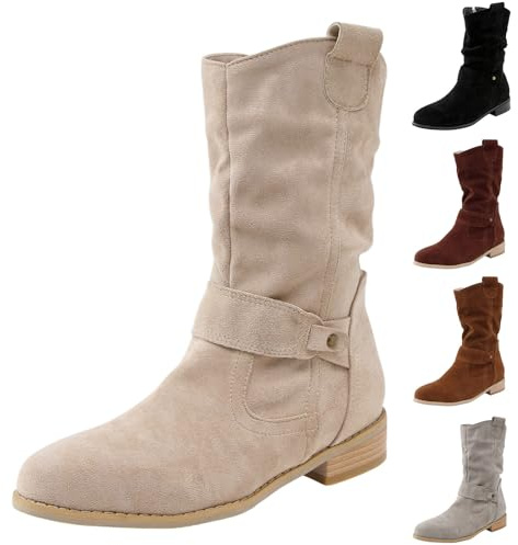 Générique Bottines Larges en Daim pour Femme Bout Pointu à Talon Bas Bottes mi-Mollet à Enfiler avec Boucle - Bottes de Marche Confortables et légères