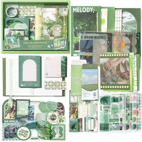 BetterJonny 237Pcs Ästhetisches Bullet Journal Set, Ästhetisches Scrapbook Zubehör Scrapbooking Papier mit A6 Raster Notizbuch Scrapbooking Aufkleber DIY Geschenk für Teenager,Poesie der Nebelinsel
