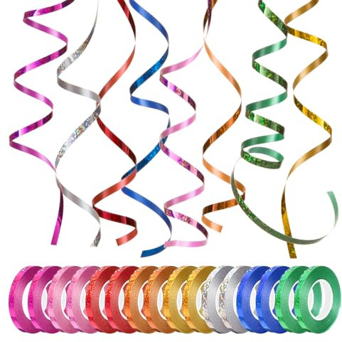Naler 16x Ringelband Geschenkband Polyband Glitzer Deko Band in 8 Bunten Farben für Basteln und Verpacken, Geschenkverpackung, Ballonverschlüsse