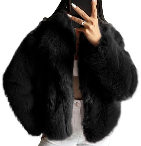COZYPOIN Damen Kunstfelljacke, flauschiger Pelzmantel, bauchfrei, lange Ärmel, Revers, Knopfleiste, flauschig, Winteroberbekleidung