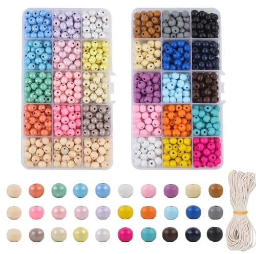 960 Stück Holzperlen Bunt, 8mm Holzperlen zum Auffädeln, Runde Perlen Holz, Bastelperlen mit Loch für DIY Schmuckherstellung Armbänder Bastelarbeiten(Perlglanz+Matt)
