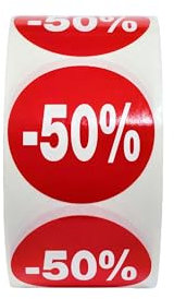 Packung mit 5 Rollen Werbeetiketten für reduzierte Produkte | 2.500 selbstklebende Rabatt-Aufkleber in leuchtendem Rot | runde Aufkleber zum Beschriften von Angeboten von Ø 35 mm (-50%)