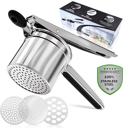 Kartoffelpresse,Spätzlepresse 470ML Schwere,Lebensmittelqualität Edelstahl Kartoffelpresse Presse mit 3 austauschbaren Scheiben,Multifunktionaler Ricer für Kartoffelpüree,Püree,Obst,Gemüse (silbrig)