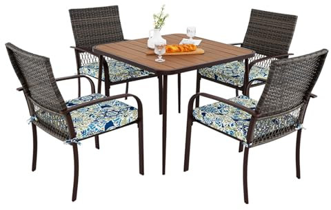 LIFEZEAL Polyrattan Gartenmöbel Set, Gartentisch mit 4 Gartenstühlen, Balkonmöbel Sitzgruppe Essgruppe mit Kissen & Schirmloch, Gartenset für Terrasse, Garten, Poolbereich