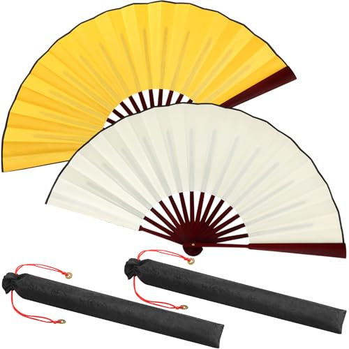Maitys Large Folding Hand Fans Chinese Handheld Tai Ji Fans for Men and Women, Festival, Line Dancing, Kungfu, Martial Art, Gifts, Party Favor(Plain Cream and Light Yellow)