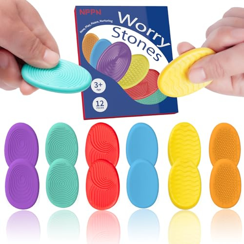 Sensory Fidget Toys for Kids Adults- 12PCS Hard Plastic Worry Stones. | Sensory Toys for Autism ADHD, Quiet Textured Classroom Fidgets for Anxiety Relief, Non-Sticky Calming Gifts.