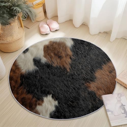 Teppiche für Wohnzimmer Rund, Animation Tierdruck Kuhfell Textur Druck Design, Mehrfarbig Teppich Schlafzimmer Flanell Flauschig Weich rutschfest Fußmatte Waschbar für Kinderzimmer, Durchmesser 60 cm