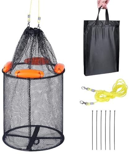 Cesta de pesca flotante plegable grande para peces vivos, jaula de almacenamiento portátil con red de cebo para kayak revestida de goma, cuerda de nailon de doble gancho de 5 m y 6 bridas (33x33x38cm)