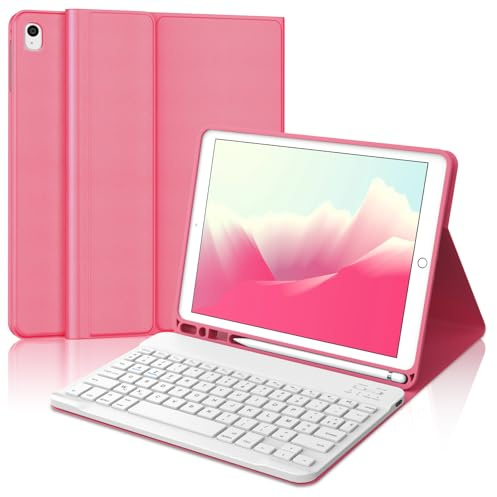 Coque Clavier pour iPad 9e/8e/7e Génération 10.2 Pouces, AZERTY Français Housse Clavier Bluetooth Détachable avec Porte Crayon pour iPad 2021/2020/2019 10.2/Air 3 2019/iPad Pro 10.5 2017, Rouge
