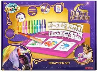 Unicorn Academy Spray Pen Set Deluxe | Desktop Airbrush Malset mit 12 Pustestiften & 16 Schablonen | Kreatives Bastelset mit Sprühstifte für Kinder | Spray & Create Kunstbox Geschenk