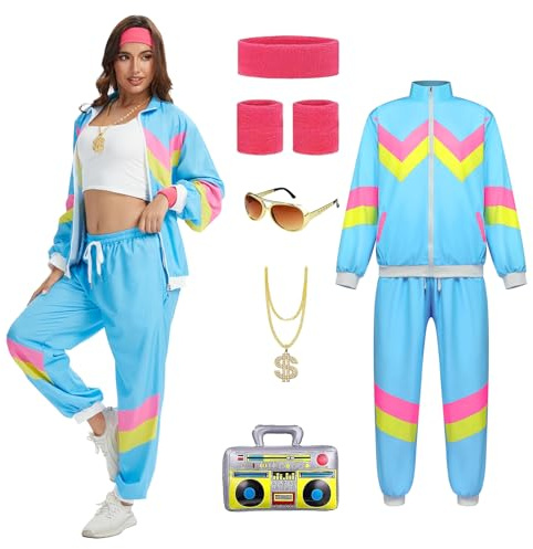 YRTBGD Disfraz de los años 80 y 90 para mujer, estilo retro de los años 80, chándal, chaqueta, pantalones, traje con cadena dorada, radio inflable, Halloween, carnaval para mujer (azul, L)