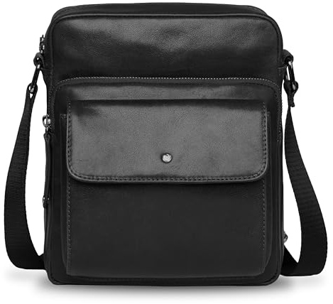 bugatti Black Magic Schultertasche groß aus Leder, Umhängetasche mit Vortasche für Herren, schwarz