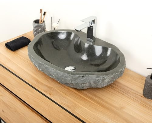 wohnfreuden Andesit Waschbecken mit gerader Rückwand und Hahnloch - oval 60 cm anthrazit Aufsatzwaschbecken