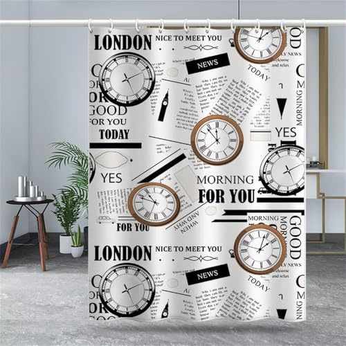 Boussole Rideau de Douche 90x200 cm Anti Moisissure 3D Journaux Vintage Rideaux de Baignoire Tissu Lavable Imperméable Polyester pour Rideau Douche Salle avec 8 Crochets C.304