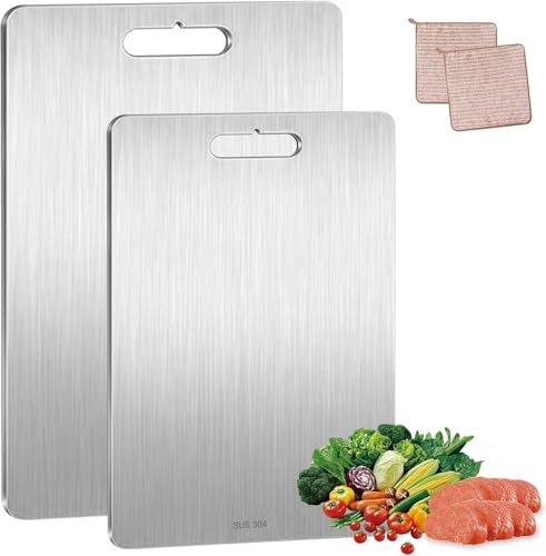 JOTOL 2 Piezas Tabla Cortar Acero Inox 304, Doble Cara Profesional | 34x23cm + 25x15cm, Grado Alimenticio Sin BPA — Fácil de Limpiar, para Carne, Queso, Frutas y Verduras