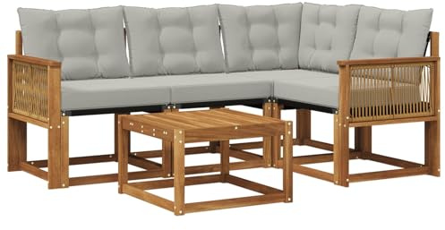 vidaXL Outdoor-Sofagarnitur mit Kissen 5 pcs Natürlich und Hellgrau, Garten-Sofa, Moderne Außenmöbel, langlebige Sitzgruppe, Bequeme Lounge, Akazien-Sitze, Entspannung im Garten