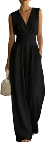 Generisch Jumpsuit Damen Sommer Elegant Overall Damen Festlich Lang Weites Bein Hosenanzug Frauen Hochzeitsgast Jumpsuits Mit Tasche Overalls V Ausschnitt Playsuit Buisness Romper Kuschelig Onesie