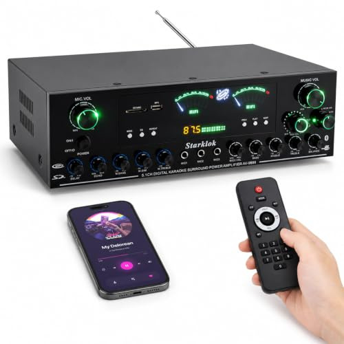 Amplificatore Bluetooth 3000 W di picco, amplificatore HiFi 5.1 canali, home theater, amplificatore stereo con Bluetooth 5.0, USB SD, 3 microfoni, telecomando, uscita subwoofer