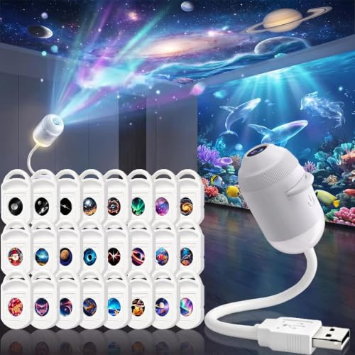 LMIX Projecteur de Galaxie pour la Nuit, Projecteur de 5d Étoile Holographique 2-en-1 Branché et Utilisable hd Projecteurs de Plafond Intelligents et Dynamiques 360° Lampe Étoile Céleste USB (avec 24