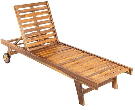 Tumbona para jardín con Ruedas, Reclinable, Madera Teca Grado A, Medidas 65x200x35 cm, Tratamiento al Agua aplicado, Hamacas de Piscina, Tumbona de jardín de teka