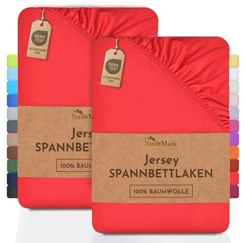 NatureMark 2er Pack Kinder Jersey Spannbettlaken, Spannbetttuch 100% Baumwolle in vielen Größen und Farben MARKENQUALITÄT ÖKOTEX Standard 100 | 70x140 cm - rot