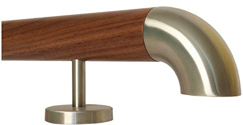 TIBU Nussbaum Geländer Handlauf Treppe Holz Griff gerade Edelstahlhalter, Länge 30-500 cm aus einem Stück/zum Beispiel Länge 120 cm mit 2 gerade Halter und Enden Edelstahlbogen