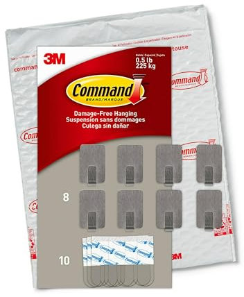 Command Kleine Edelstahl-Metallhaken, 8 Haken, 10 Streifen, ideal für Wohnheim-Dekoration