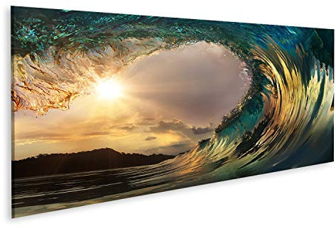 Bild Bilder auf Leinwand Wunderschöne Meeres-Surfwelle am Strand bei Sonnenuntergang Wandbild Poster Leinwandbild RUL