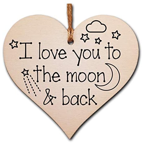 Handmade Wooden Hanging Heart Plaque Gift love you to the moon and back new baby present nursery wall decoration for new parents