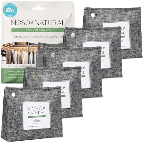 Moso Natural Lot de 5 sacs purificateurs d'air de 300 g - Absorbeur d'odeurs de charbon de bambou de qualité supérieure pour la maison et les animaux de compagnie, éliminateur d'odeurs de placard et