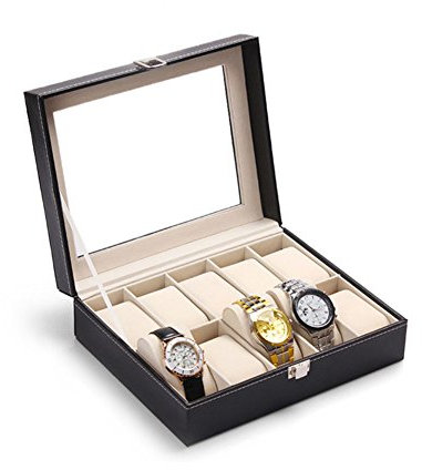 Wakects Watch Box,Uhrenbox für 10 Uhren mit transparentem Bezug, Herrenuhrenbox mit Metallschnalle, PU-Ledertasche für Reise Uhrenkasten Schwarz