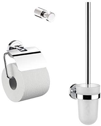 EMCO Polo 3 in 1 Badacccessoire-Set mit WC-Bürstengarnitur, Doppelhaken & Toilettenpapierhalter mit Deckel, elegantes Badezimmerset zur Wandmontage aus Metall, chromfarben