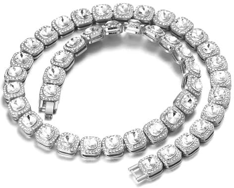 Halukakah Bündel Diamant Tenniskette für Männer,Platin überzogen Quadratischer Weißer Diamant Halskette 45cm,Zinken-Set Labordiamanten,mit KOSTENLOSER Geschenkbox