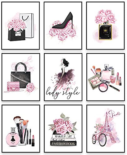9 Pièces Arts Murals Modernes Femmes Affiches Murales Chambre Roses Décorations Murales de Parfum Sacs à Main Talons Hauts Fille pour Décorations de Salon Chambre de Maison, Sans Cadre