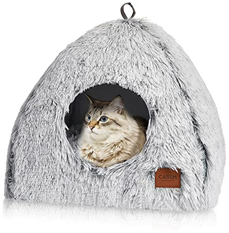 CATISM Cat Bed, Cat Igloo Cave Pet Bed for Dogs Large Indoor Tent Cave Nesting Bed Anti-slip 2-in-1 Triangle Cave House Nest House with Handle Washable Removable Pillow Cushion (Grey)