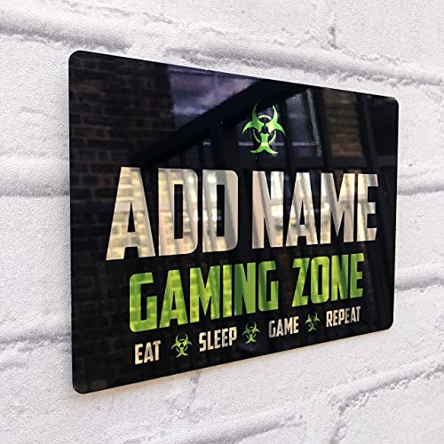 ShopQuality4U Personalised Metal Mirror Gamer Sign - Customised Printed Wall Art Plaque A5 Gaming Zone Caution, Bedroom