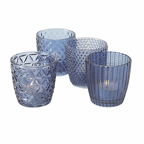 Glas Teelichthalter transparent blau - 4er Set / 7 cm - Deko Windlicht Retro Tischdeko Teelicht Halter
