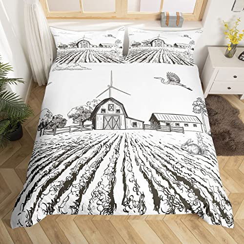 richhome Bauernhaus Skizze Bettwäsche-Set,Country Field Wildkaninchen Bettwäsche Set 135x200cm,Schwarz-Weiß-Malerei Betten Set für Kinder Jungen Mädchen Teenager 2St.Reißverschluss Mikrofaser