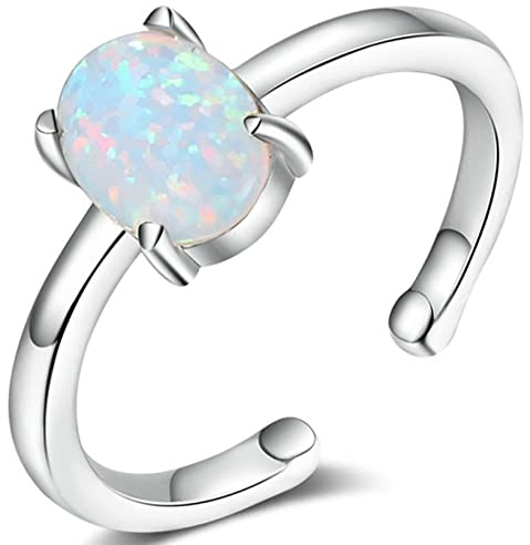 AMDXD 925 Sterling Silber Ringe, Eheringe Klassische Verstellbar mit Blau Opal Frauen Schmuck Geschenk für Valentinstag Verlobung Geburtstags Weihnachten, Nickelfrei, Silber, Gr.57 (18.1)
