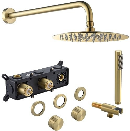 Brushed Gold Brass Concealed Shower Mixer Set, Bathroom 12 Inch Rainfall Shower Head Kit, Luxury Wall Mounted Round Handwheel Handles Rain Handheld Valve System 2 Functions