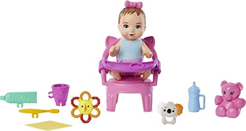 Barbie Puppe und Zubehör, Erster Zahn Spielset mit Skipper Puppe, Babypuppe mit Zahnfunktion, Sitzerhöhung und Zubehör, Babysitters Inc.