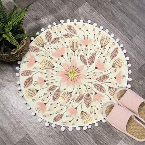 Uphome Kleiner runder Teppich, 60 cm Kreis, niedliche Badematte mit Pompons, Fransen, Blumenpflanze, waschbar, Badezimmerteppich, weich, rutschfest, rund, Überwurf, Schlafzimmertisch, Rosa