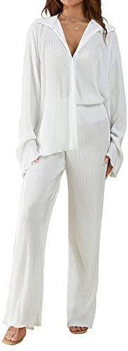 Alaurbeauty Plissee Loungewear Set Damen 2 Teilig Button Down Bluse Langarm Hohe Taille Weites Bein Hosen Sets Hose mit Top Elegant Sommer