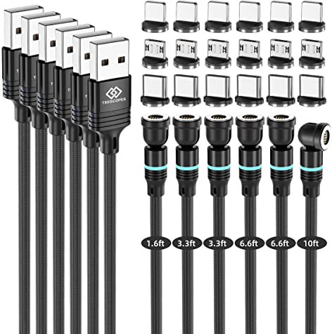 Trescopes Magnetic Fast Charging Cable [6 Pack] 540° Rotating Heads. Phone Charger and Data Transfer. Compatible for Micro USB, Type C and all Smartphones, USB C