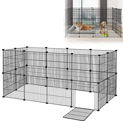 Froadp 142x72x72cm Freigehege Kaninchen Haustier Laufstall aus Metall 24tlg Gittergehege mit Tür Meerschweinchen Gehege Freilaufgehege Kleintierkäfig Für Welpen Hamster Igel (Schwarz)