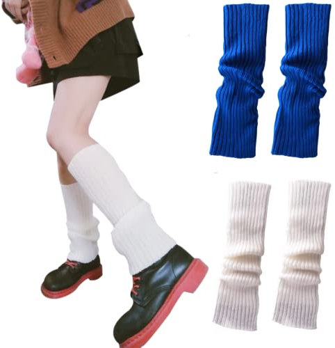 CHENGZI 2 Paar Beinstulpen, gerippte Strick-Beinwärmer, Custume Party, Sport, Yoga, Beinstulpen für Frauen und Mädchen, WH+DB, One size