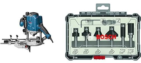 Bosch Professional 0601626000 Défonceuse GOF CE 1250 W 10000-24000 tours/min + 6 pièces Kit de Fraises à Araser et de Bordage (pour bois, Ø 8 mm Queue, Accessoires de Fraises d'Encastrement)